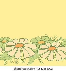 Floral seamless pattern with yellow chamomiles and foliage. For fabric, diary, phone cases, wrapping paper, notebook covers. Vector stock illustration. 