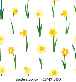 Floral seamless pattern with yellow daffodils and green leaves isolated on white background. Endless texture for spring or summer design. Bright fabric print for greeting card template. Womens Day.