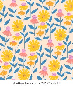 Floral seamless pattern with yellow daisies. Botanical bright wallpaper with flowers. Repeating vector pattern for wrapping paper.