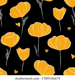Floral seamless pattern. yellow flowers poppy, tulip vector hand drawing. For packaging, fabric, wrapping, background