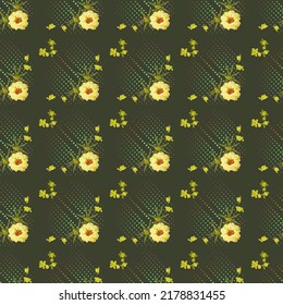 Floral seamless pattern. Yellow flowers purslane on dark green background with gradient dots, vector illustration for scarf fabric design, fabrics, silks