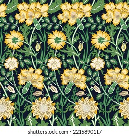 Floral seamless pattern with yellow flowers on dark green background. Vector illustration.