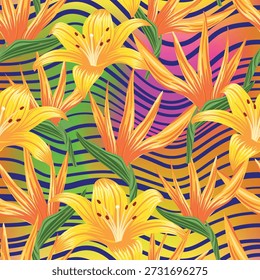 Patrón floral sin fisuras con flores amarillas. líneas onduladas, fondo tropical