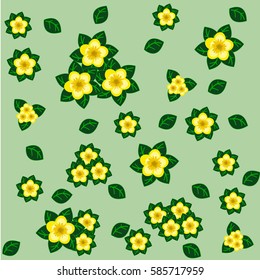 Floral seamless pattern with yellow flowers and green leaves on light green background. Vector illustration