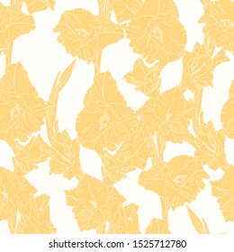 Floral seamless pattern with yellow gladiolus on light background. Flower print.