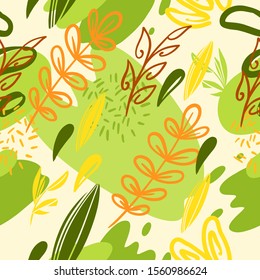 Floral seamless pattern in yellow and green colors. Khaki abstract background with dots, leaves, spots and strokes. Vector texture for linen, textile, wrapping paper.