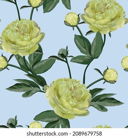 Floral Seamless Pattern with yellow lime peony flowers and leaves. Blooming Flowers on blue Background.	