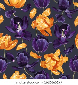 Floral seamless pattern with yellow and navy blue tulip flowers. Spring, blooming flowers background for fabric, prints, decoration, invitation cards,wallpapers, wrapping paper. High realistic style