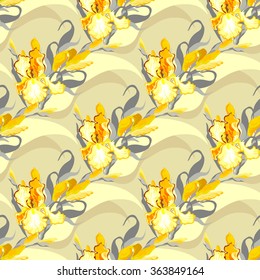 Floral seamless pattern. Yellow, orange, golden iris flower background. Hand drawn  iris vector illustration. Seamless pattern for printing textile, wallpaper, wrapping gift paper, texture for fabric