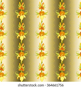 Floral seamless pattern. Yellow orange, golden iris flower background. Hand drawn vector illustration of iris. Seamless pattern for printing textile, wallpaper, wrapping gift paper, texture for fabric