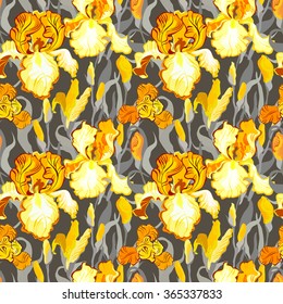Floral seamless pattern. Yellow orange, golden iris flower background. Hand drawn vector illustration of iris. Seamless pattern for printing textile, wallpaper, wrapping gift paper, texture for fabric