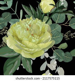 Blumenmuster Nahtlose Muster mit gelben Blumen und Eukalyptusblättern. Blühende Blumen auf schwarzem Hintergrund.	