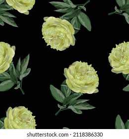 Floral Seamless Pattern with yellow peony flowers and leaves. Blooming Flowers on black Background.	