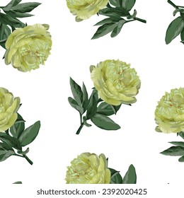 Floral Seamless Pattern with yellow peony flowers and leaves. Blooming Flowers on white Background.	
