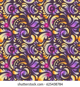 Floral seamless pattern. Yellow, red and violet ornament. Wallpaper baroque, damask. Seamless background.