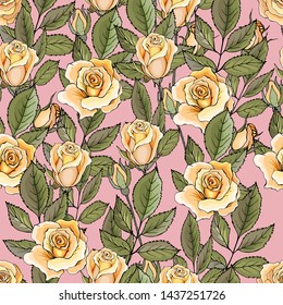 Floral seamless pattern with yellow rose and green leaves on pink background. Pattern for wedding stationary, fashion, wallpapers, greetings, background for web pages. 
