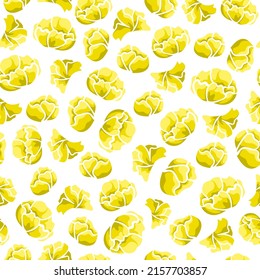 Floral seamless pattern with yellow trollius or buttercup buds on white background. Hand drawn flowers. Vector print for female fabric, summer screen printing, cute cover, wallpaper.