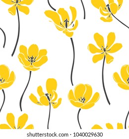 Floral seamless pattern with yellow tulips, vector illustration. Silhouettes on a white background. Abstract nature background.