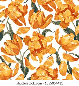 Floral seamless pattern with yellow tulips. Spring flowers background for prints, fabric, invitation cards, wedding decoration, wallpapers, wrapping paper. Realistic style. Vector illustration.