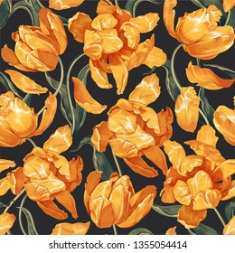 Floral seamless pattern with yellow tulips. Spring, blooming flowers background for fabric, prints, decoration, invitation cards, wallpapers, wrapping paper. Realistic style. Han drawn illustration.