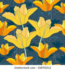 Floral seamless pattern with yellow tulips. Vector background with flowers. Hand drawn artwork for textiles, fabrics, souvenirs, packaging and greeting cards.