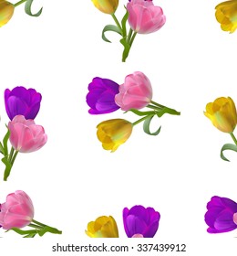 Floral seamless pattern with yellow, violet and pink tulips on white background, vector illustration.