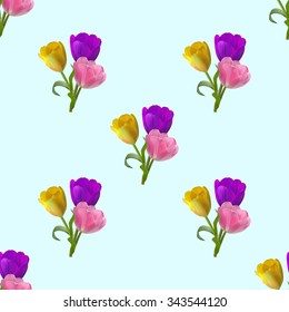 Floral seamless pattern with yellow, violet and pink tulips on cyan background, vector illustration.