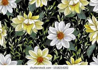 Floral Seamless Pattern with Yellow and White Dahlias and Green Leaves on Black Background. For Textile, Wallpapers, Print, Greeting. Vector Illustration.