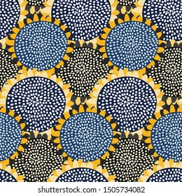 Floral seamless pattern. Yellow-black abstract sunflowers. Creative print with bright flowers. Hand-drawn vector illustration.
