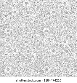 Floral seamless pattern. Zentangle doodle background. Black and white hand-drawn pattern. Coloring book.  