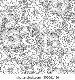 Floral seamless pattern. Zentangle doodle background. Black and white hand-drawn pattern.