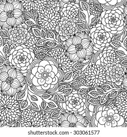 Floral seamless pattern. Zentangle doodle background. Black and white hand-drawn pattern.