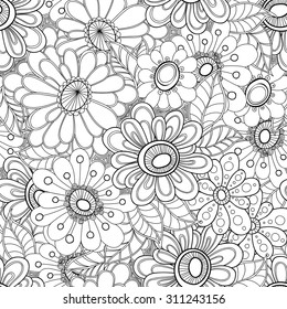 Floral seamless pattern. Zentangle doodle background. Black and white hand-drawn pattern.