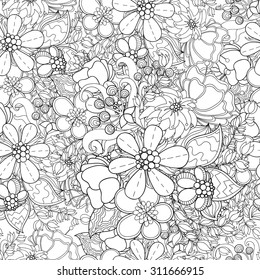 Floral seamless pattern. Zentangle doodle background. Black and white hand-drawn pattern.