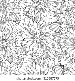 Floral seamless pattern. Zentangle doodle background. Black and white hand-drawn pattern.