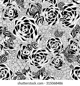 Floral seamless pattern. Zentangle doodle background. Black and white hand-drawn pattern.