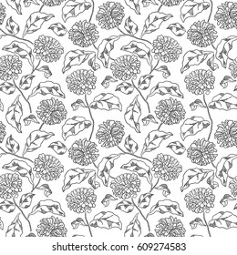 Floral seamless pattern. Zentangle doodle background. Black and white hand-drawn pattern.