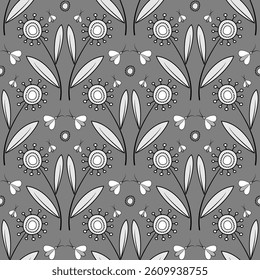 Floral seamless pattern in zentangle style. Monochrome decorative ornament on gray background. Unusual fantasy flowers with clear black contour. Cute childish plant design.