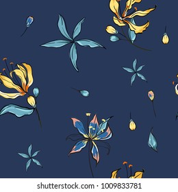  Floral seamless pattern.Dark blooming flowers  Motifs scattered random. Seamless vector texture. Printing with in hand drawn style in navy blue background.