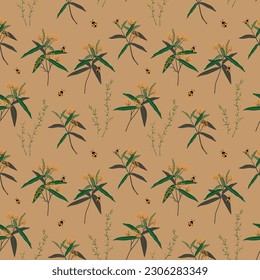 Floral seamless pattern,flowers and leaves with ladybugs on soft brown background for decorative,fashion,fabric,textile,print or wallpaper,vector illustration