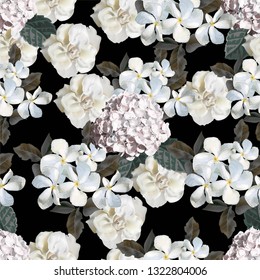 Floral seamless pattern.Hydrangea and apocynaceae flower vector illustration