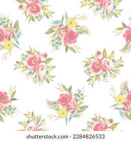 Floral  seamless pattern.Pink rose, flowers  and grass bouquet on white background.