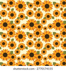 Floral seamless pattern.Repeat pattern with sunflowers and leaves isolated on background.Vector graphic illustration wallpaper.