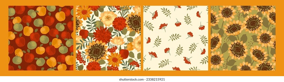 Floral seamless patterns with autumn flowers, leaves and apples. Vector background for various surface. Hand drawn textures.