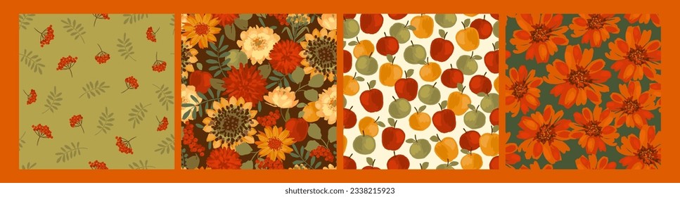 Floral seamless patterns with autumn flowers, leaves and apples. Vector background for various surface. Hand drawn textures.