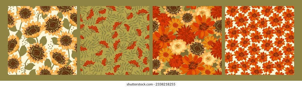 Floral seamless patterns with autumn flowers, leaves and berries. Vector background for various surface. Hand drawn textures.