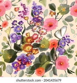 Flores sin costura con prados florecientes, flores de jardín. Los motivos de la botánica tropical se dispersan al azar. Textura herbaria de mano, impresa sobre un fondo claro. Ilustración del vector