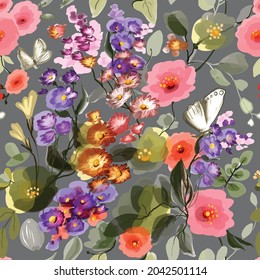 Floral seamless patterns with blooming meadows, garden flowers. The motifs of tropical botany are scattered random. Hand-drawn herbal texture printed on grey background. Vector illustration