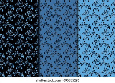 Floral seamless patterns. Collection of black and blue vertical backgrounds. Vector illustration