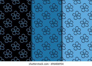 Floral seamless patterns. Collection of black and blue vertical backgrounds. Vector illustration